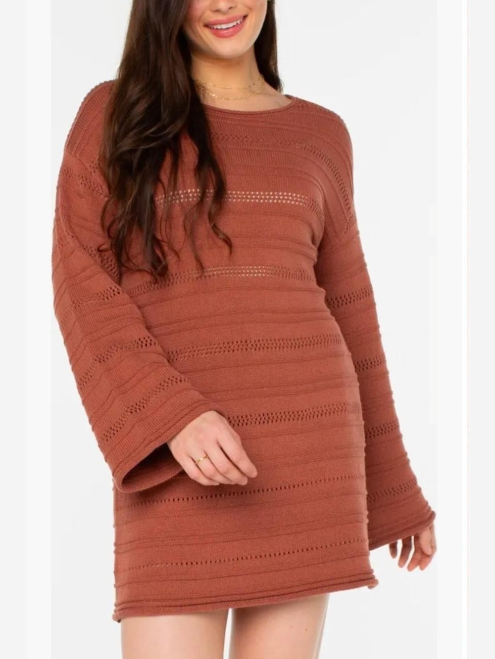 NWT Roxy Bondi Sunset Flared Sleeve Cotton Knit Dress Boho Cottage Size M